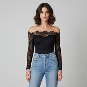 ⭐Women's Small Black Eyelash Hem Lace Off Shoulder Bodysuit Long Sleeve Top⭐